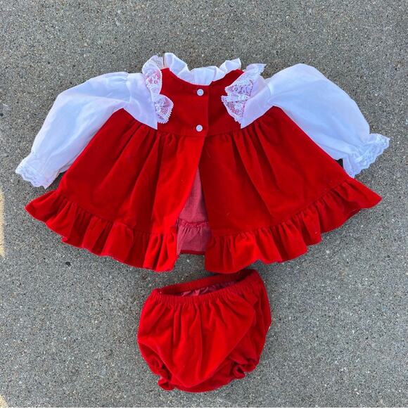 Vintage Jolene Red Velvet Christmas Baby Dress with Bloomers Diaper Cover 6-9mos - Picture 2 of 4